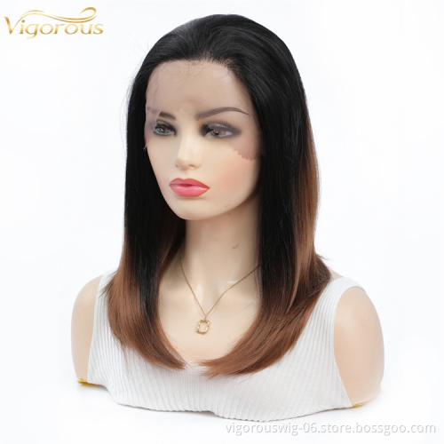 Vigorous bob short high quality natural ombre brown heat resistant synthetic transparent lace front wigs for white women